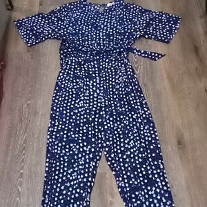 EUC: TWO ARROWS; BLACK, WHITE & BLUE ABSTRACT POLKA DOT JUMPSUIT.